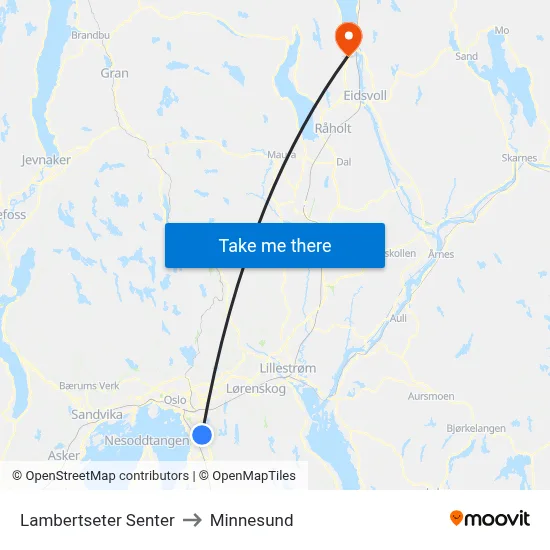 Lambertseter Senter to Minnesund map