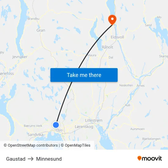 Gaustad to Minnesund map