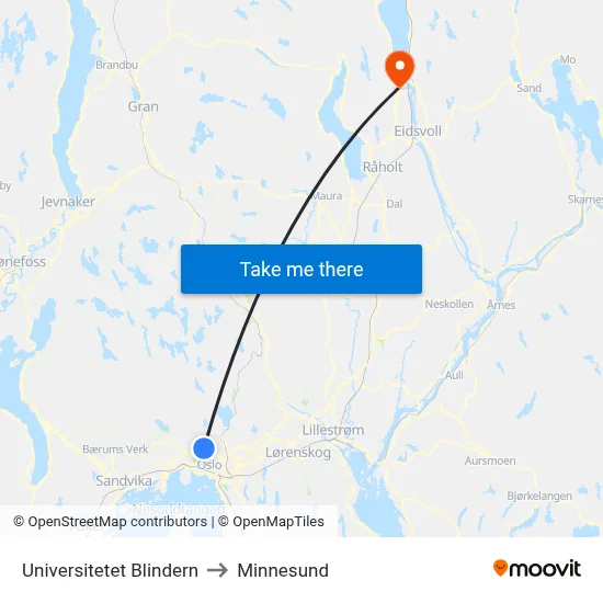Universitetet Blindern to Minnesund map