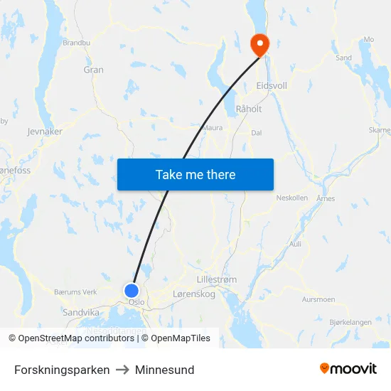 Forskningsparken to Minnesund map