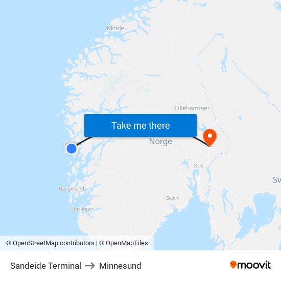 Sandeide Terminal to Minnesund map