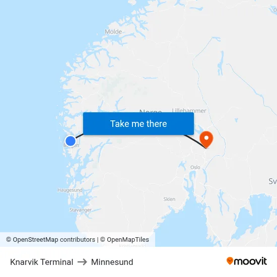 Knarvik Terminal to Minnesund map