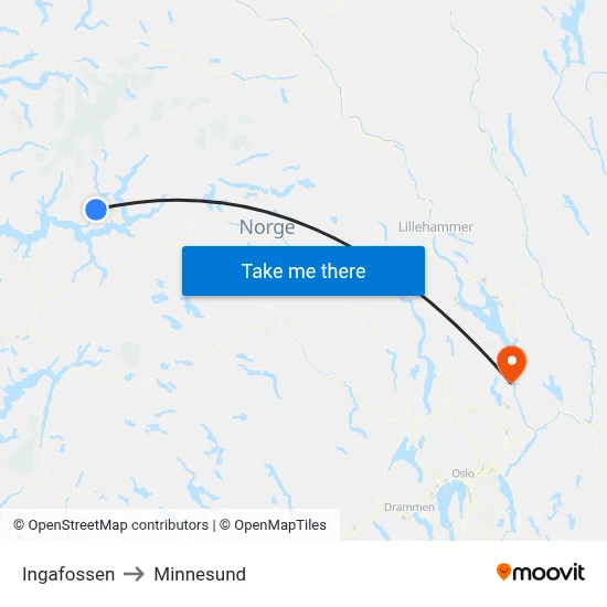 Ingafossen to Minnesund map