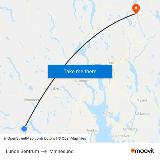Lunde Sentrum to Minnesund map