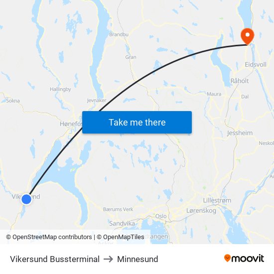 Vikersund Bussterminal to Minnesund map