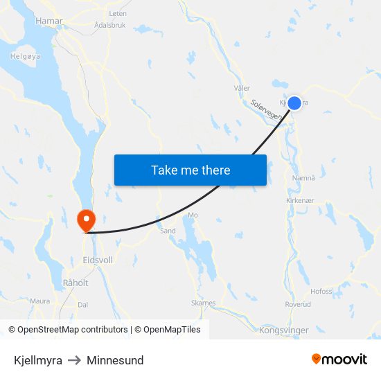 Kjellmyra to Minnesund map