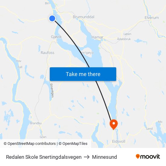 Redalen Skole Snertingdalsvegen to Minnesund map