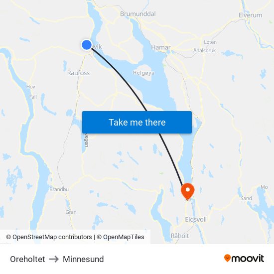 Oreholtet to Minnesund map