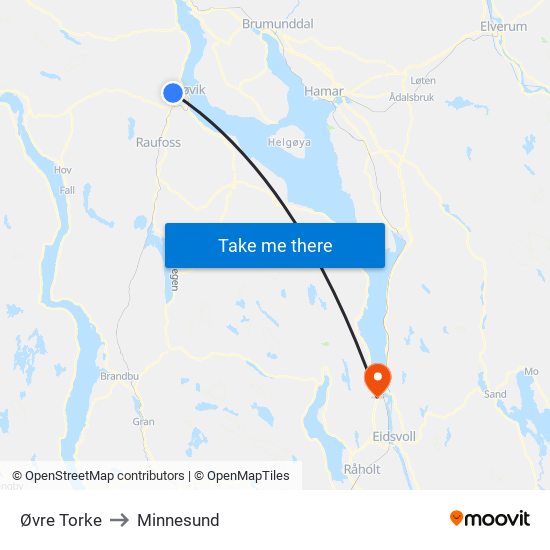 Øvre Torke to Minnesund map