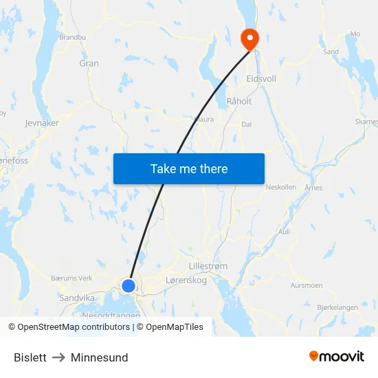 Bislett to Minnesund map