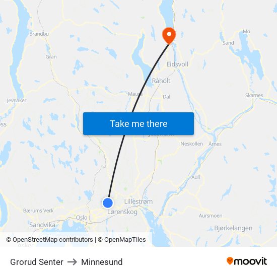 Grorud Senter to Minnesund map