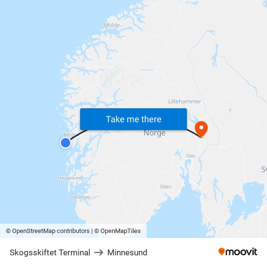 Skogsskiftet Terminal to Minnesund map