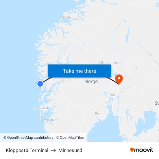 Kleppestø Terminal to Minnesund map