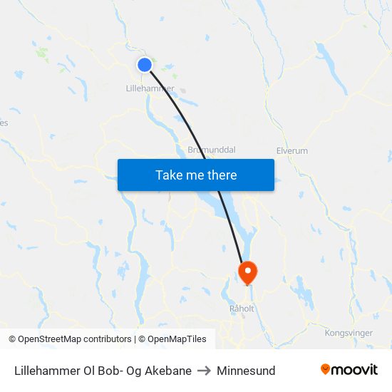 Lillehammer Ol Bob- Og Akebane to Minnesund map