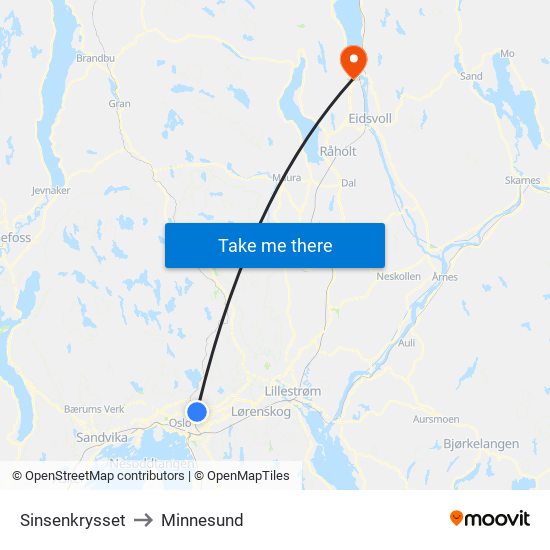 Sinsenkrysset to Minnesund map