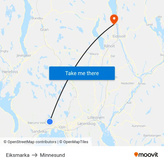 Eiksmarka to Minnesund map
