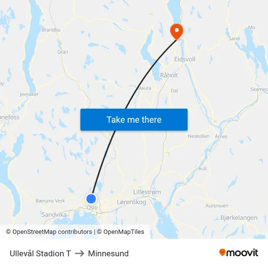 Ullevål Stadion T to Minnesund map