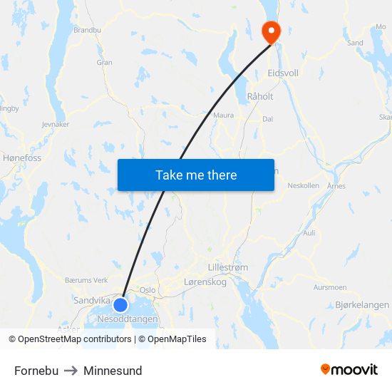 Fornebu to Minnesund map