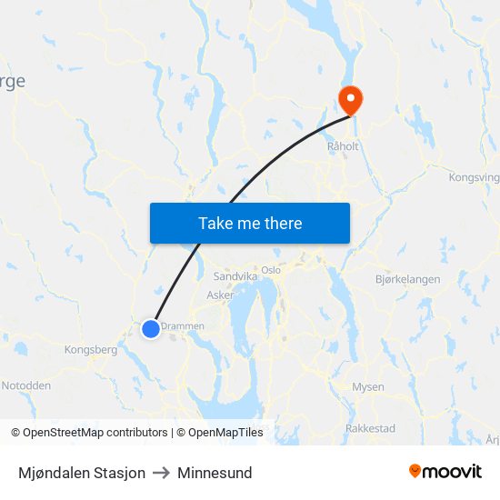 Mjøndalen Stasjon to Minnesund map