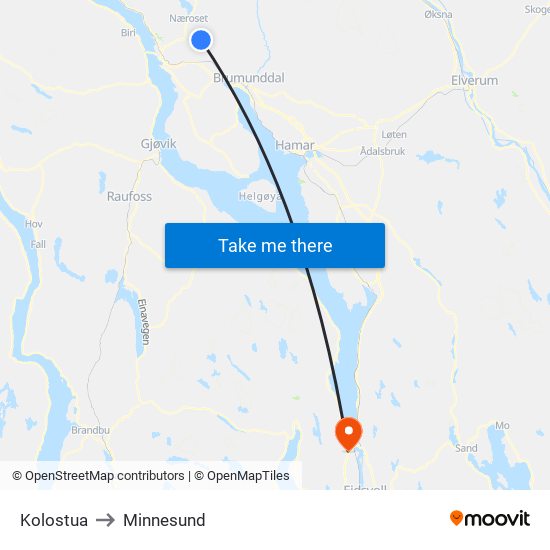 Kolostua to Minnesund map