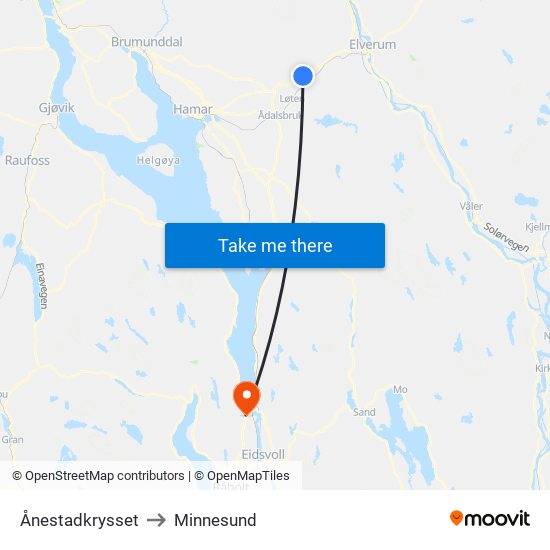 Ånestadkrysset to Minnesund map