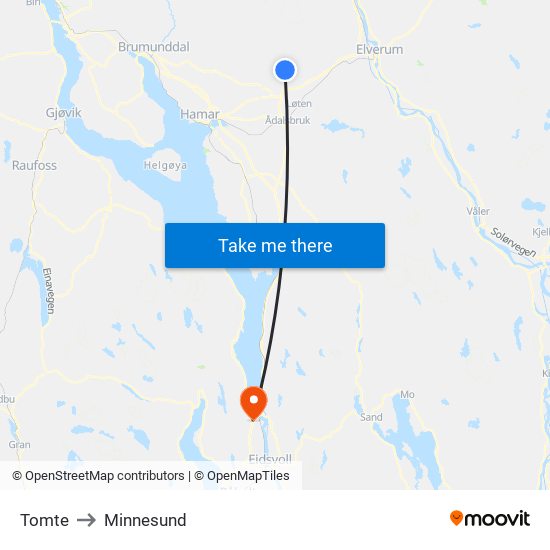 Tomte to Minnesund map