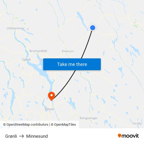 Grønli to Minnesund map