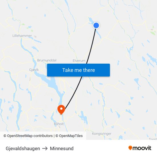 Gjevaldshaugen to Minnesund map