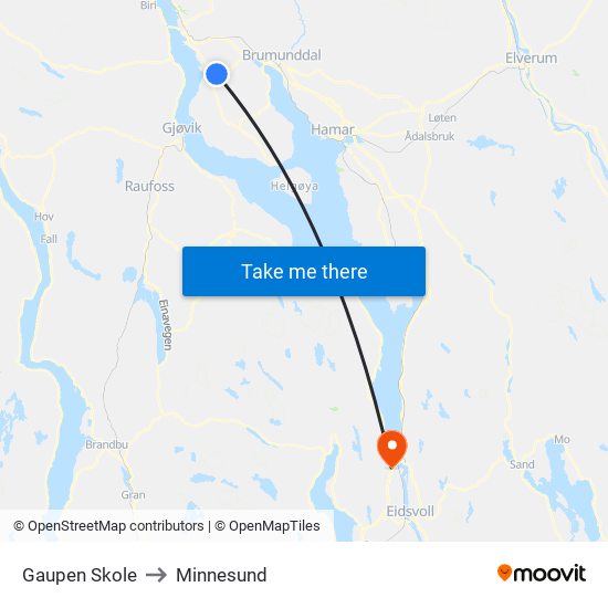 Gaupen Skole to Minnesund map