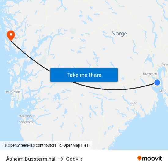 Åsheim Bussterminal to Godvik map