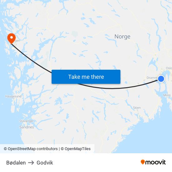 Bødalen to Godvik map