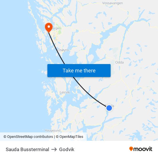 Sauda Bussterminal to Godvik map