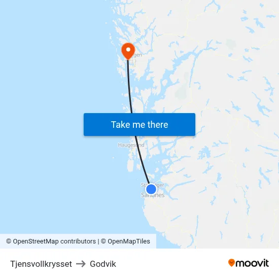 Tjensvollkrysset to Godvik map