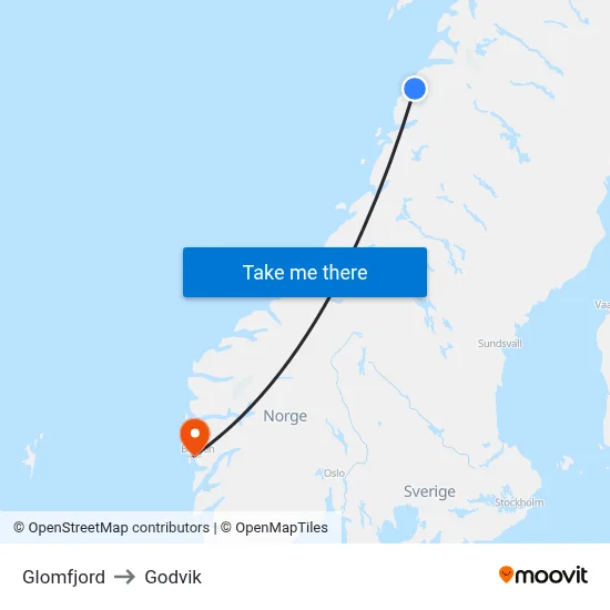 Glomfjord to Godvik map