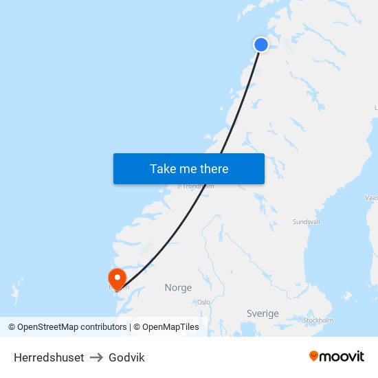 Herredshuset to Godvik map