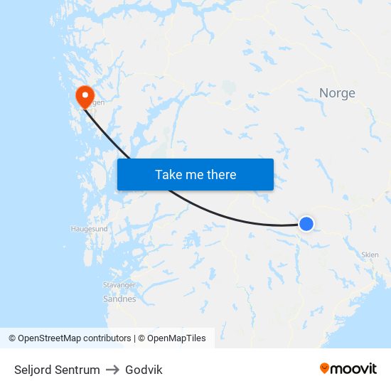 Seljord Sentrum to Godvik map