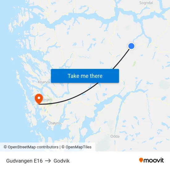 Gudvangen E16 to Godvik map