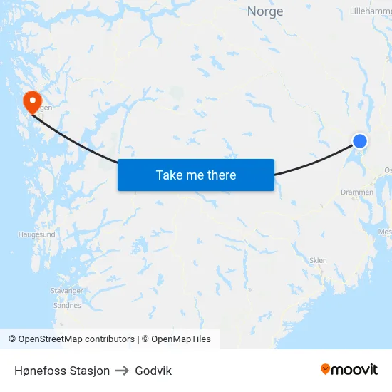 Hønefoss Stasjon to Godvik map