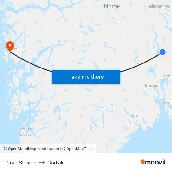 Gran Stasjon to Godvik map