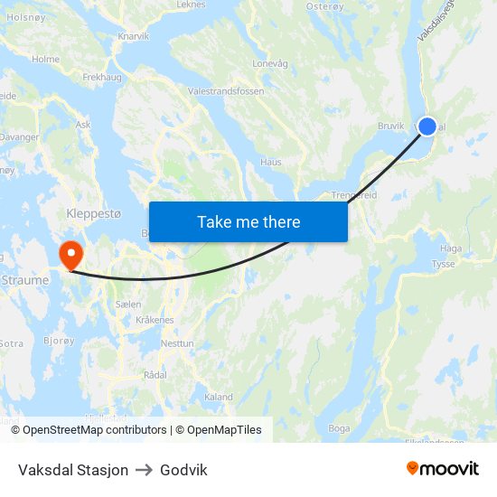 Vaksdal Stasjon to Godvik map