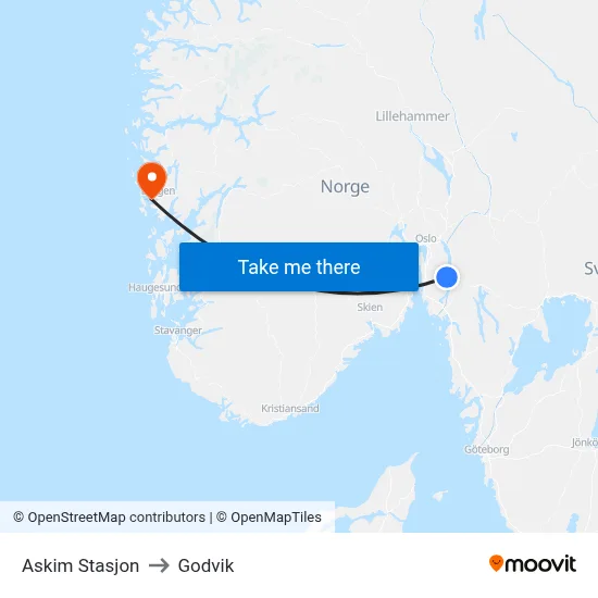 Askim Stasjon to Godvik map