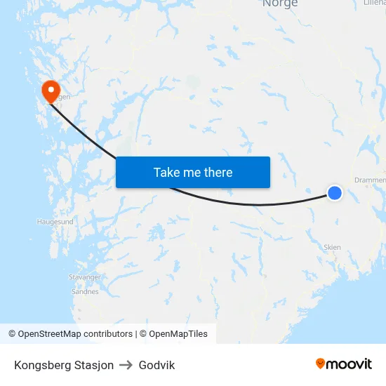 Kongsberg Stasjon to Godvik map