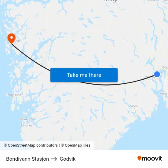 Bondivann Stasjon to Godvik map