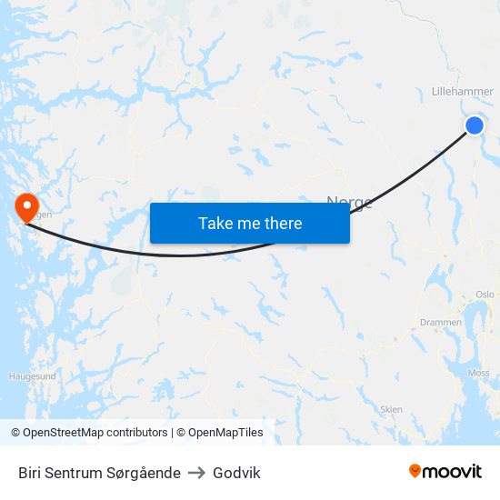Biri Sentrum Sørgående to Godvik map