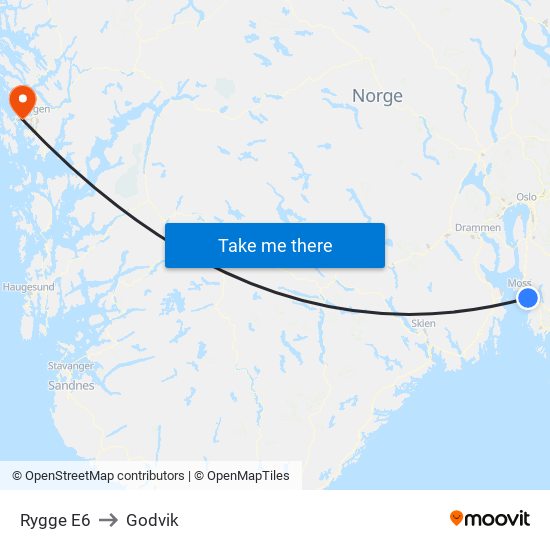 Rygge E6 to Godvik map