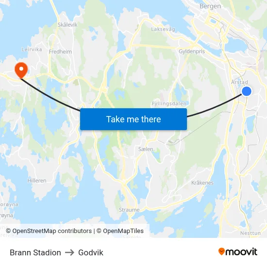 Brann Stadion to Godvik map