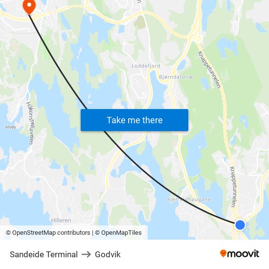 Sandeide Terminal to Godvik map
