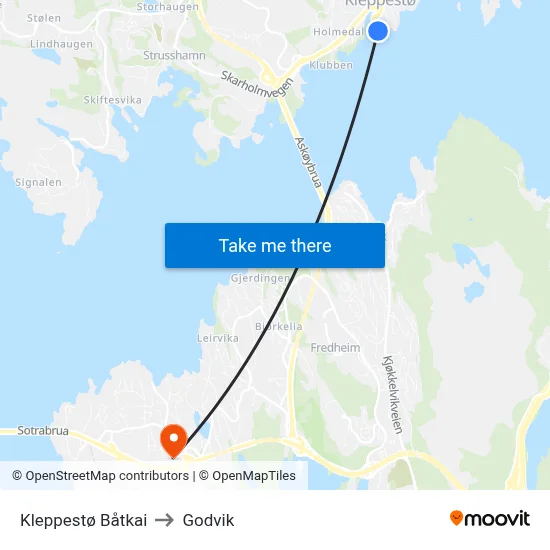 Kleppestø Båtkai to Godvik map