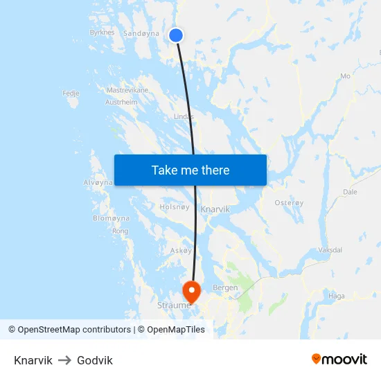 Knarvik to Godvik map
