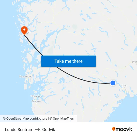 Lunde Sentrum to Godvik map